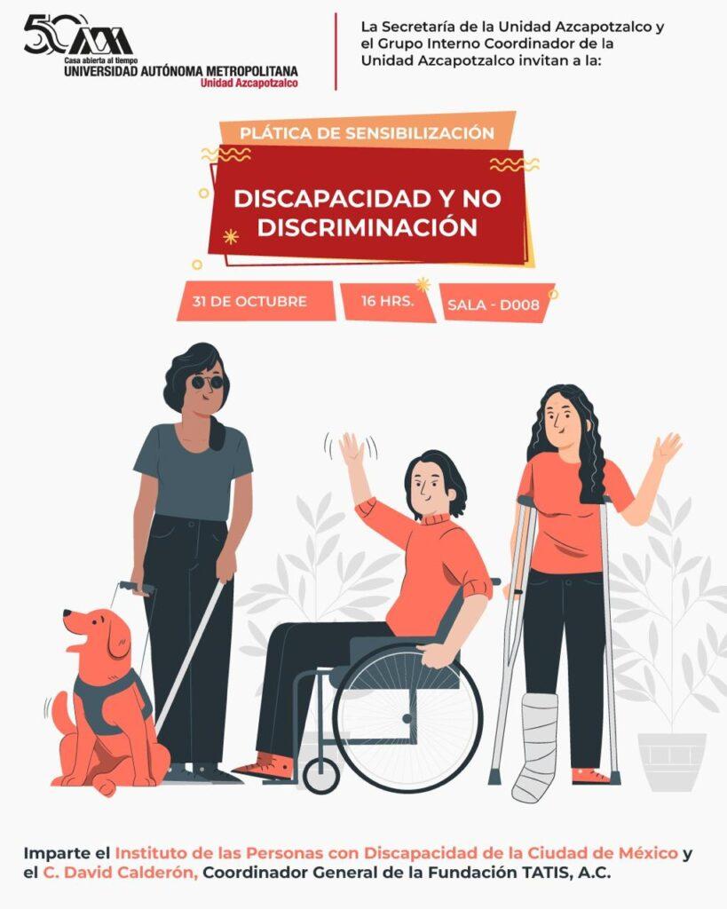en la imagen están 3 personas con discapacidad, de izquierda a derecha una persona con discapacidad visual, al centro una persona usuaria de silla de ruedas hace un gesto de saludo con la mano y a la derecha una persona con discapacidad motriz, de pie apoyada en muletas hace un gesto con la mano de saludo